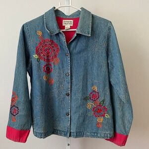 VTG Tantrums Collection S Denim Jacket Embroidered Floral Boho Button Shirt